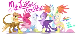 Size: 4841x2146 | Tagged: safe, artist:farewelldecency, deleted from derpibooru, derpibooru import, applejack, fluttershy, pinkie pie, rainbow dash, rarity, twilight sparkle, gryphon, colored wings, eyes closed, griffonized, mane six, multicolored wings, my little griffon, rainbow feathers, rainbow griffon, rainbow wings, signature, simple background, species swap, white background