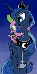 Size: 625x1247 | Tagged: safe, artist:andypriceart, artist:ced75, derpibooru import, idw, princess luna, spike, dragon, pony, cute, dragons riding ponies, looking back, open mouth, raised hoof, riding, smiling