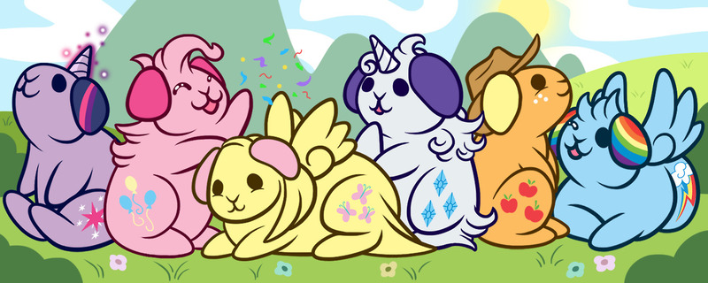 Size: 1280x512 | Tagged: :3, applejack, artist:piggyproblems, confetti, cute, derpibooru import, eyes closed, fluffy, fluttershy, glowing horn, guinea pig, looking up, magic, mane six, open mouth, pinkie pie, prone, rainbow dash, rarity, rodent, safe, smiling, species swap, twilight sparkle, weapons-grade cute, wink