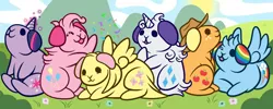 Size: 1280x512 | Tagged: :3, applejack, artist:piggyproblems, confetti, cute, derpibooru import, eyes closed, fluffy, fluttershy, glowing horn, guinea pig, looking up, magic, mane six, open mouth, pinkie pie, prone, rainbow dash, rarity, rodent, safe, smiling, species swap, twilight sparkle, weapons-grade cute, wink