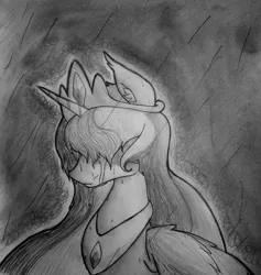 Size: 1071x1132 | Tagged: artist:pw211, crying, derpibooru import, hidden eyes, monochrome, princess celestia, rain, sad, safe, solo, traditional art