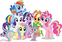 Size: 10000x6750 | Tagged: safe, artist:caliazian, derpibooru import, applejack, fluttershy, pinkie pie, rainbow dash, rarity, spike, twilight sparkle, twilight sparkle (alicorn), alicorn, pony, twilight's kingdom, .ai available, absurd resolution, cowboy hat, female, group, group photo, group shot, hat, let the rainbow remind you, looking at you, mane seven, mane six, mare, open mouth, rainbow power, simple background, song, stetson, transparent background, vector