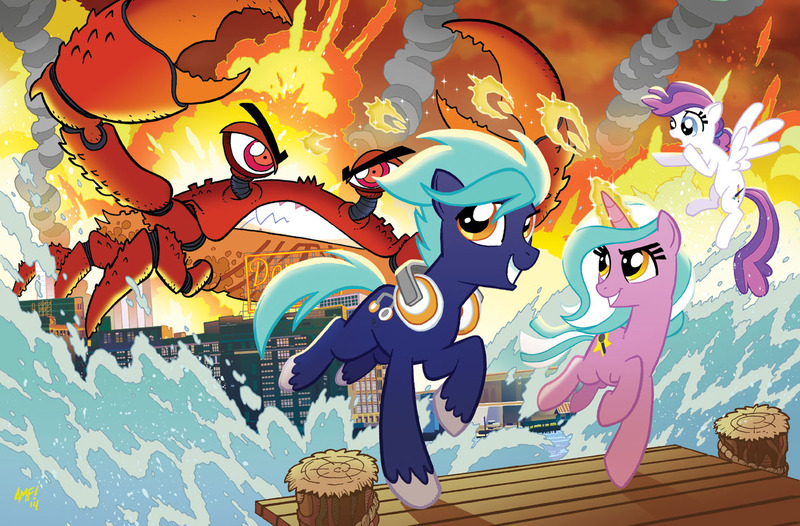 Size: 1260x828 | Tagged: artist:tonyfleecs, baltimore, bronycon, bronycon mascots, cover, derpibooru import, giant crab, hoofevent, idw, oc, oc:blank canvas, oc:hoof beatz, oc:mane event, safe, unofficial characters only