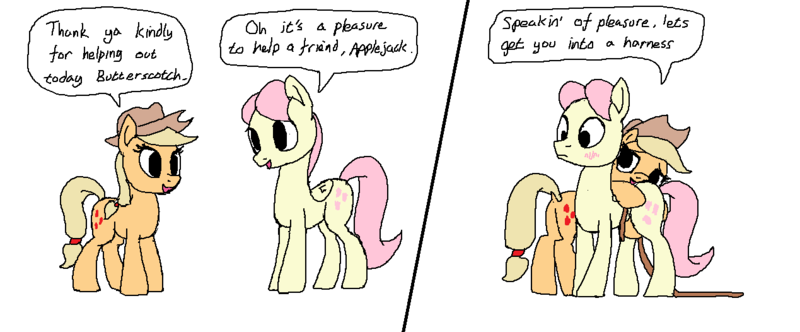 Size: 1269x526 | Tagged: 2 panel comic, all the mares tease butterscotch, applejack, artist:mspaint, bad touch, butterscotch, comic, derpibooru import, fluttershy, grope, harness, /mlp/, molestation, rule 63, sexual harassment, simple background, suggestive