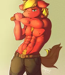 Size: 944x1080 | Tagged: abs, anthro, artist:imspainter, bare chest, big macintosh, chest hair, clothes, dead source, derpibooru import, male, muscles, partial nudity, solo, solo male, stupid sexy big macintosh, suggestive, sweat, topless