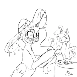 Size: 1280x1280 | Tagged: safe, artist:silfoe, derpibooru import, princess luna, twilight sparkle, twilight sparkle (alicorn), alicorn, pony, lunadoodle, female, grayscale, hat, mare, milk, monochrome, pepper, sketch, sombrero, spicy