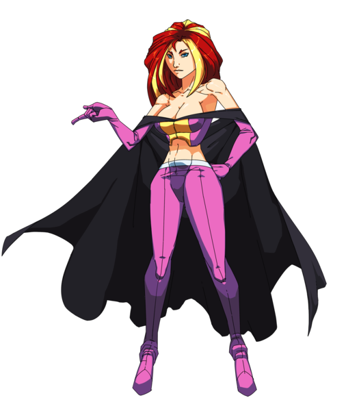 Size: 2156x2557 | Tagged: artist:moonfx, breasts, busty sunset shimmer, cape, cleavage, clothes, crossover, derpibooru import, evening gloves, female, hips, human, humanized, midriff, safe, shoulderless, solo, spiders and magic: rise of spider-mane, sunset shimmer, superhero, supervillain, thighs