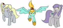 Size: 1335x599 | Tagged: safe, artist:fairiegirl101, derpibooru import, derpy hooves, lightning dust, maud pie, pegasus, pony, avatar the last airbender, azula, crossover, female, headpiece, mai, mare, ponytail, ty lee