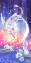 Size: 570x1140 | Tagged: safe, artist:blix-it, artist:storyofthedoor, derpibooru import, angel bunny, discord, fluttershy, draconequus, pegasus, pony, rabbit, animal, color porn, discoshy, female, flower, lilypad, male, moon, shipping, stars, straight, surreal, tangible heavenly object, traditional art, water, watercolor painting, watercolour