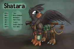 Size: 1500x1000 | Tagged: safe, artist:pantzar, derpibooru import, oc, oc:shatara, unofficial characters only, gryphon, fallout equestria, armor, reference sheet, solo, weapon