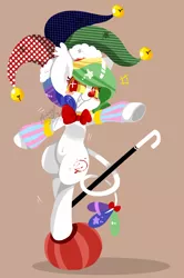 Size: 1000x1508 | Tagged: safe, artist:snow angel, derpibooru import, oc, unofficial characters only, pony, balancing, ball, bells, belly button, brown background, cane, clown, clown pony, colored pupils, colored sclera, cute, fangs, female, grin, hat, long tail, looking at you, mare, ocbetes, pixiv, prehensile tail, simple background, smiling, solo, squee, starry eyes, wingding eyes