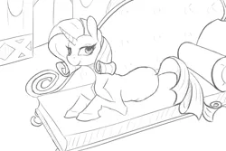 Size: 1280x855 | Tagged: artist:shirohomura, derpibooru import, fainting couch, monochrome, rarity, safe, solo