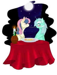 Size: 685x900 | Tagged: safe, artist:jooughust, derpibooru import, bon bon, lyra heartstrings, sweetie drops, blushing, candle, eating, female, food, lady and the tramp, lesbian, lyrabon, shipping, spaghetti, spaghetti scene