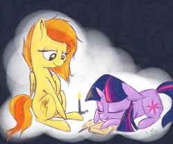 Size: 1800x1500 | Tagged: artist:lilfaux, book, candle, derpibooru import, female, lesbian, safe, shipping, sleeping, spitfire, twifire, twilight sparkle