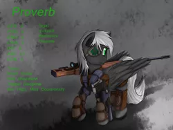 Size: 2000x1500 | Tagged: safe, artist:pantzar, derpibooru import, oc, oc:proverb, unofficial characters only, pegasus, pony, fallout equestria, armor, dead city rangers, dragunov, eyepatch, m1911, reference sheet, scope, sniperskya vintovka dragunova, solo, svd