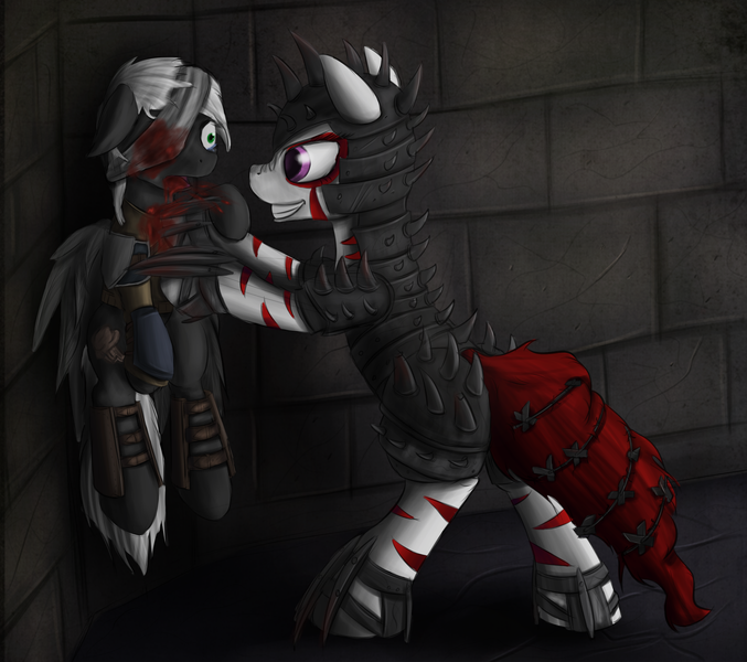 Size: 2031x1800 | Tagged: armor, artist:pantzar, bandage, barbed wire, blood, crying, dashite, derpibooru import, fallout equestria, grimdark, group 13, oc, oc:proverb, oc:rampage, stabbing, unofficial characters only