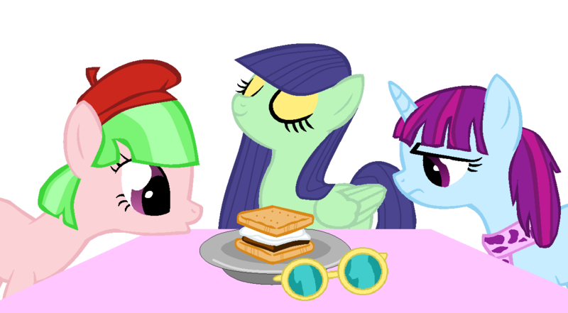 Size: 1278x705 | Tagged: safe, artist:pdorothynics, derpibooru import, blueberry cake, drama letter, mystery mint, watermelody, ponified, earth pony, pegasus, pony, unicorn, background human, base used, beret, clothes, equestria girls ponified, glasses, plate, s'mores, scarf