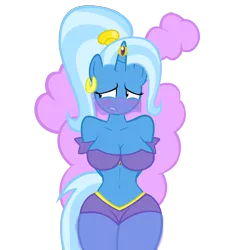 Size: 2750x2750 | Tagged: alternate hairstyle, anthro, artist:navitaserussirus, belly button, belly dancer, breasts, busty trixie, cleavage, clothes, derpibooru import, earring, embarrassed, female, frown, genie, horn ring, lip bite, looking away, ponytail, see-through, shantae, shantae (character), shorts, simple background, smoke, solo, solo female, suggestive, transparent background, trixie, vector, veil