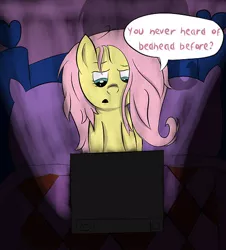 Size: 500x554 | Tagged: artist:rainb0wdashie, ask lonershy, bed, computer, dark room, derpibooru import, fluttershy, laptop computer, messy mane, safe, solo, speech bubble