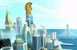 Size: 1024x666 | Tagged: safe, artist:openskyline, derpibooru import, screencap, architecture, bridge, building, chrysler building, crystaller building, manehattan, pier, scenery, stadium