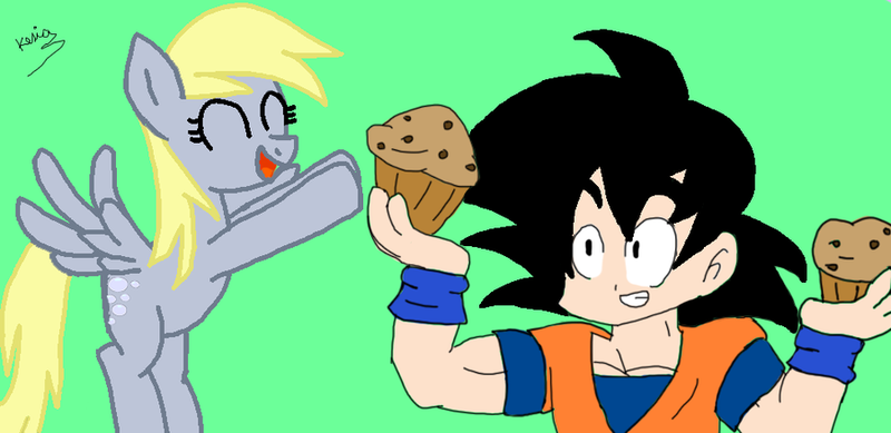 Size: 900x438 | Tagged: safe, artist:kesia-chan, derpibooru import, derpy hooves, pegasus, pony, crossover, dragon ball z, dragonball z abridged, female, goku, mare, muffin, muffin button