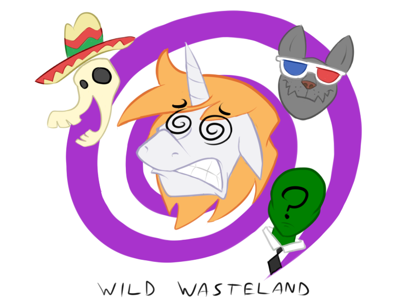 Size: 800x600 | Tagged: safe, artist:hombre cerdo, derpibooru import, rover, oc, oc:anon, oc:littlepip, diamond dog, human, pony, unicorn, fallout equestria, fanfic, 3d glasses, clothes, dazed, dizzy, fanfic art, female, floppy ears, gritted teeth, horn, mare, parody, pipbuck, skull, teeth, vault suit, wild wasteland