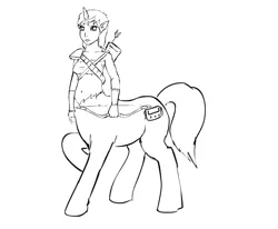 Size: 850x700 | Tagged: safe, artist:glue123, derpibooru import, oc, oc:littlepip, unofficial characters only, centaur, pony, unicorn, fallout equestria, fanfic, belly button, black and white, bow, clothes, cutie mark, fanfic art, female, grayscale, hooves, horn, lineart, monochrome, pipbuck, simple background, solo, vault suit, white background