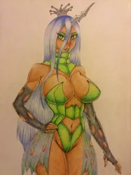 Size: 1536x2056 | Tagged: suggestive, artist:samaelalighieri, derpibooru import, queen chrysalis, human, belly button, breasts, busty queen chrysalis, choker, cleavage, female, horned humanization, humanized, solo, solo female