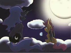 Size: 3586x2694 | Tagged: safe, artist:nekotigerfire, derpibooru import, princess luna, scootaloo, bat pony, pony, bat ponified, cloud, cloudy, moon, night, race swap, scootabat, student of the night