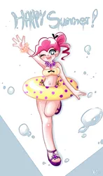 Size: 1000x1700 | Tagged: armpits, artist:chch, belly button, bikini, breasts, busty pinkie pie, clothes, derpibooru import, female, floaty, human, humanized, looking at you, pinkie pie, safe, sandals, solo, summer, swimsuit, waving, wink