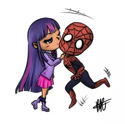 Size: 600x597 | Tagged: artist:celesterui, blushing, chibi, commission, crossover, crossover shipping, cute, derpibooru import, human, humanized, kissing, peter parker, safe, shipping, spider-man, spiders and magic: rise of spider-mane, spidertwi, surprised, surprise kiss, twilight sparkle