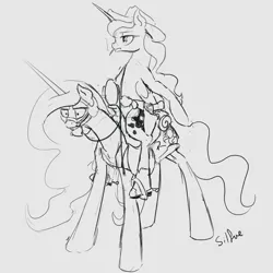 Size: 1280x1280 | Tagged: artist:silfoe, bit gag, bridle, celestia is not amused, cigarette, cowboy hat, derpibooru import, frown, gag, grayscale, gritted teeth, gun, hat, holster, how, lunadoodle, monochrome, mouth hold, ponies riding ponies, princess celestia, princess luna, reins, revolver, saddle, safe, serious, simple background, sketch, smoking, spurs, stirrups, wat, whip, wide eyes