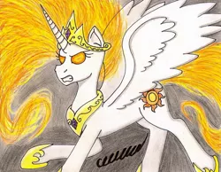 Size: 1015x787 | Tagged: artist:the1king, derpibooru import, fire, mane of fire, nightmare star, prime celestia, princess celestia, safe, solo, traditional art