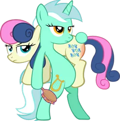 Size: 1017x1024 | Tagged: suggestive, artist:artpwny, derpibooru import, edit, bon bon, lyra heartstrings, sweetie drops, earth pony, pony, unicorn, bipedal, bon bon is not amused, brush, butt touch, carrying, female, hoof on butt, human behavior, implied spanking, literal butthurt, mare, ready, reddened butt, simple background, spanking, transparent background, vector