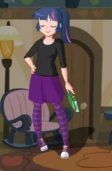 Size: 627x961 | Tagged: alternate hairstyle, artist needed, book, clothes, converse, derpibooru import, human, humanized, magical friends, safe, shirt, skirt, sneakers, socks, solo, striped socks, thigh highs, twilight sparkle