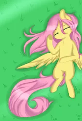 Size: 1024x1516 | Tagged: safe, artist:chibimlp-lover, derpibooru import, fluttershy, pegasus, pony, chest fluff, cute, ear fluff, eyes closed, female, grass, mare, on back, shyabetes, sleeping, solo