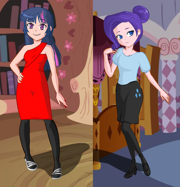 Size: 602x626 | Tagged: artist needed, safe, derpibooru import, rarity, twilight sparkle, human, alternate hairstyle, clothes, dress, humanized, magical friends