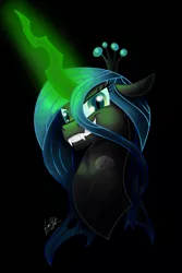 Size: 1632x2440 | Tagged: safe, artist:pinktonicponystudio, artist:pinktonicstudio, derpibooru import, queen chrysalis, changeling, changeling queen, evil grin, fangs, female, glowing horn, grin, horn, portrait, smiling, solo