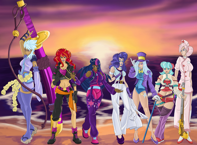 Size: 4500x3300 | Tagged: artist:sonson-sensei, belly button, cloudchaser, coco pommel, derpibooru import, geta, gun, human, humanized, leotard, midriff, nurse redheart, ocean, one piece, rarity, rifle, safe, sandals, sunset shimmer, sword, trixie, twilight sparkle, weapon