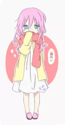 Size: 600x1150 | Tagged: artist:clarrah, clothes, derpibooru import, fluttershy, human, humanized, oversized clothes, safe, scarf, solo, younger