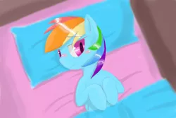 Size: 1276x850 | Tagged: safe, artist:lazyjp, derpibooru import, rainbow dash, bed, blushing, looking at you, lying down, on back, pixiv, solo