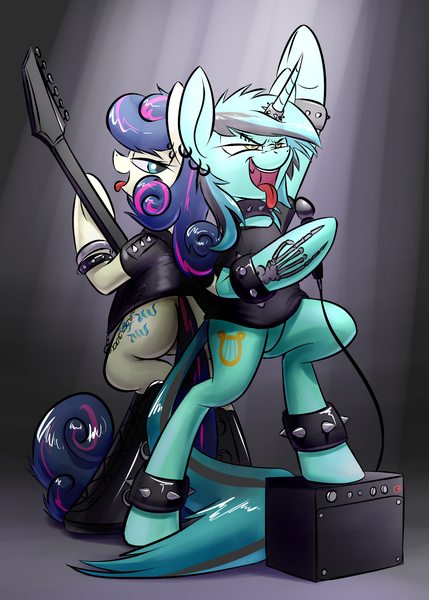 Size: 1250x1748 | Tagged: safe, derpibooru import, bon bon, lyra heartstrings, sweetie drops, earth pony, pony, unicorn, bracelet, clothes, electric guitar, female, guitar, horn ring, mare, metal, microphone, music, open mouth, spiked wristband, tattoo, tongue out