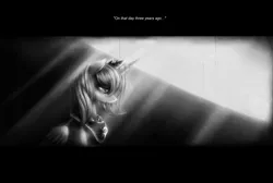 Size: 2000x1340 | Tagged: safe, artist:ventious, derpibooru import, princess luna, alicorn, pony, crepuscular rays, grayscale, letterboxing, monochrome, s1 luna, sad, solo