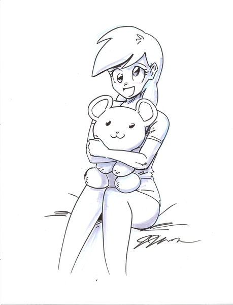 Size: 1280x1672 | Tagged: artist:johnjoseco, derpibooru import, derpy hooves, human, humanized, lineart, monochrome, safe, signature, sketch, solo, teddy bear