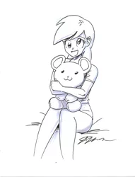 Size: 1280x1672 | Tagged: artist:johnjoseco, derpibooru import, derpy hooves, human, humanized, lineart, monochrome, safe, signature, sketch, solo, teddy bear