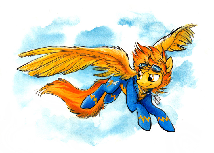 Size: 744x534 | Tagged: safe, artist:kenket, derpibooru import, spitfire, pegasus, pony, dog tags, female, flying, goggles, large wings, mare, messy mane, solo, wonderbolts, wonderbolts uniform