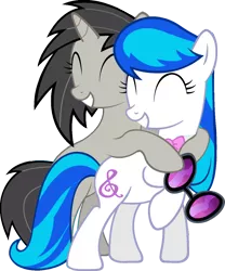 Size: 1024x1228 | Tagged: safe, artist:aborrozakale, derpibooru import, octavia melody, vinyl scratch, earth pony, pony, unicorn, alternate universe, bipedal, bowtie, cutie mark, eyes closed, female, hooves, horn, hug, mare, palette swap, simple background, smiling, sunglasses, swapped cutie marks, teeth, transparent background, vector