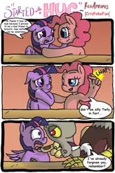 Size: 2278x3419 | Tagged: safe, artist:crispokefan, derpibooru import, discord, pinkie pie, twilight sparkle, twilight sparkle (alicorn), alicorn, pony, comic, female, it started with a hug, mare, oh crap, this will not end well