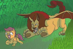 Size: 3000x2000 | Tagged: safe, artist:crispokefan, derpibooru import, scootaloo, manticore, everfree forest, high res, running, this will end in tears and/or death, trouble