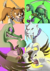 Size: 2480x3508 | Tagged: angel bunny, angry, artist:crispokefan, badass, derpibooru import, fight, gummy, monster, opalescence, owlowiscious, pets, semi-anthro, semi-grimdark, smilodon, species swap, tank, winona